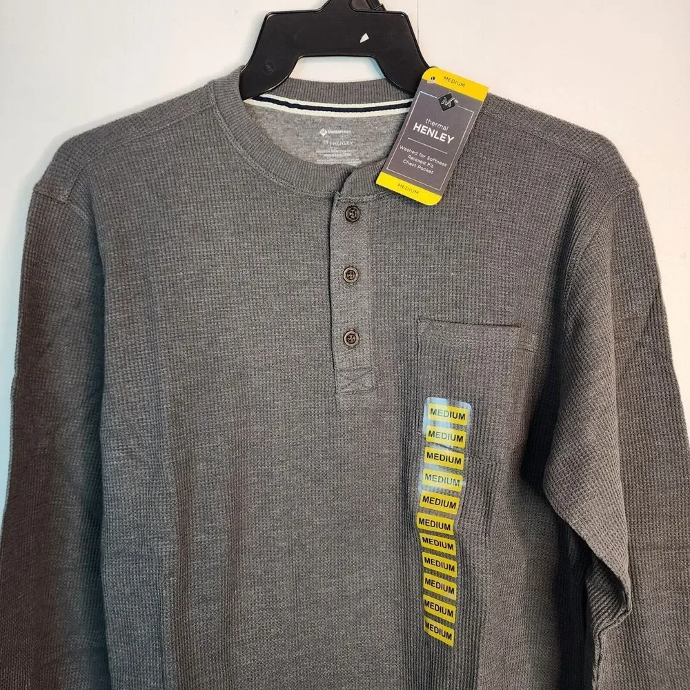 Members Mark Mens Thermal Henley Shirt Charcoal Grey Heather Long Sleeve‎ Medium